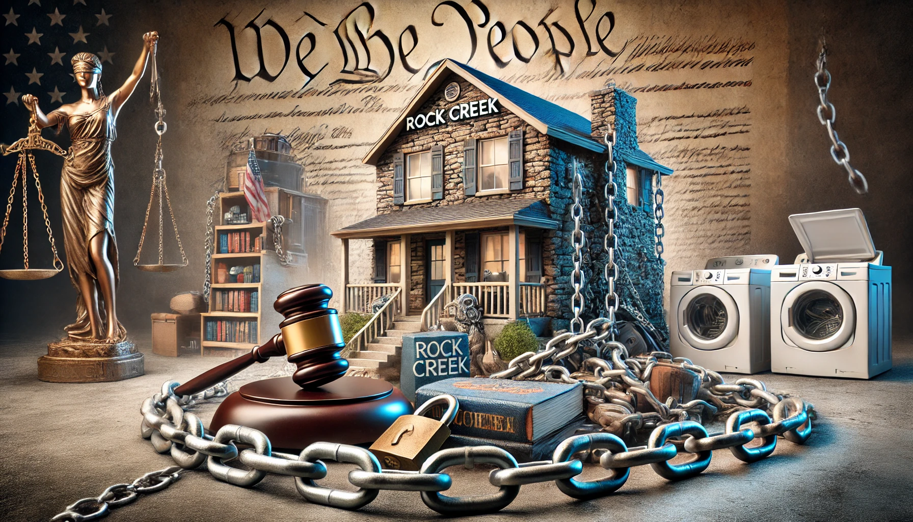 A symbolic depiction of the Rock Creek property dispute, featuring a residential home labeled 'Rock Creek' surrounded by heavy chains and locks, symbolizing its contested status under Receivership. Personal items such as a child's baby book and a washer and dryer are chained, emphasizing the human impact. The foreground includes a judge's gavel and scales of justice, while the U.S. Constitution forms the background, representing constitutional rights. The image conveys a sense of restriction and the pursuit of justice